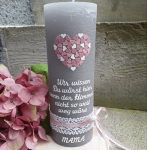 Personalisierte Gedenkkerze Trauerkerze rustic grau Hochzeit Erinnerungskerze Herzchen altrosa rosa weiss